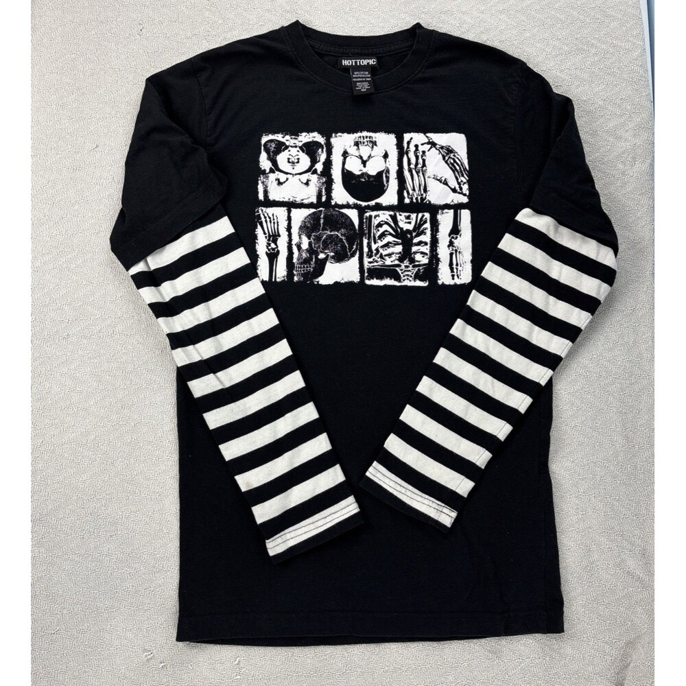 Hot Topic Mall Goth Faux Layered Striped Skeleton Graphic Tee Long Sleeve S/M